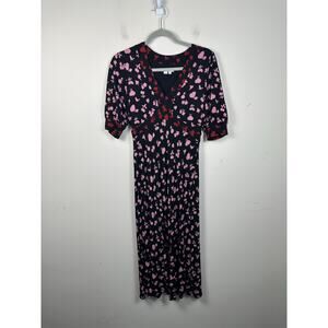 Boden V-Neck Puff Sleeve Graphic Floral Size 4 Midi Dress EUC Jersey Knit
